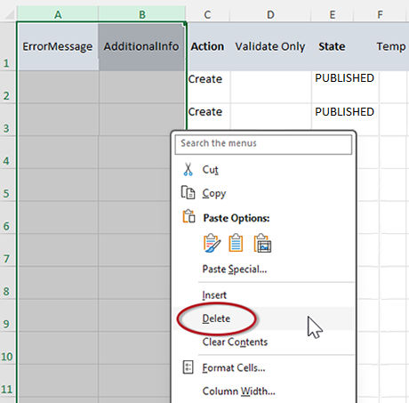 Delete columns in the import template