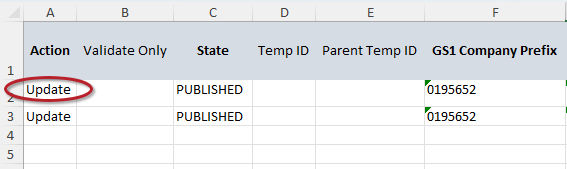 Type Update in Column A of the import template