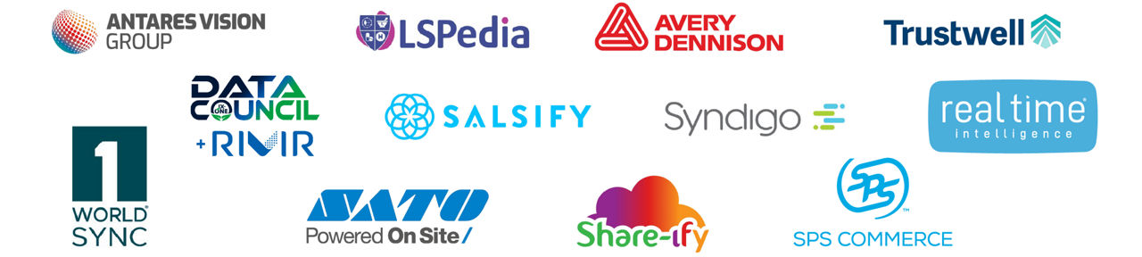 Premier sponsors logos 1WorldSync, Antares Vision Group, Avery Dennison, Lspedia  | Real Time Intel  | Salsify  | SATO America, Share-ify, SPS Commerce, Syndigo, The Data Council + RIVIR, Trustwell