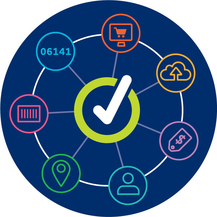 Spoke and wheel graphic with checkmark in center and GS1 US Data Hub icons surrounding it