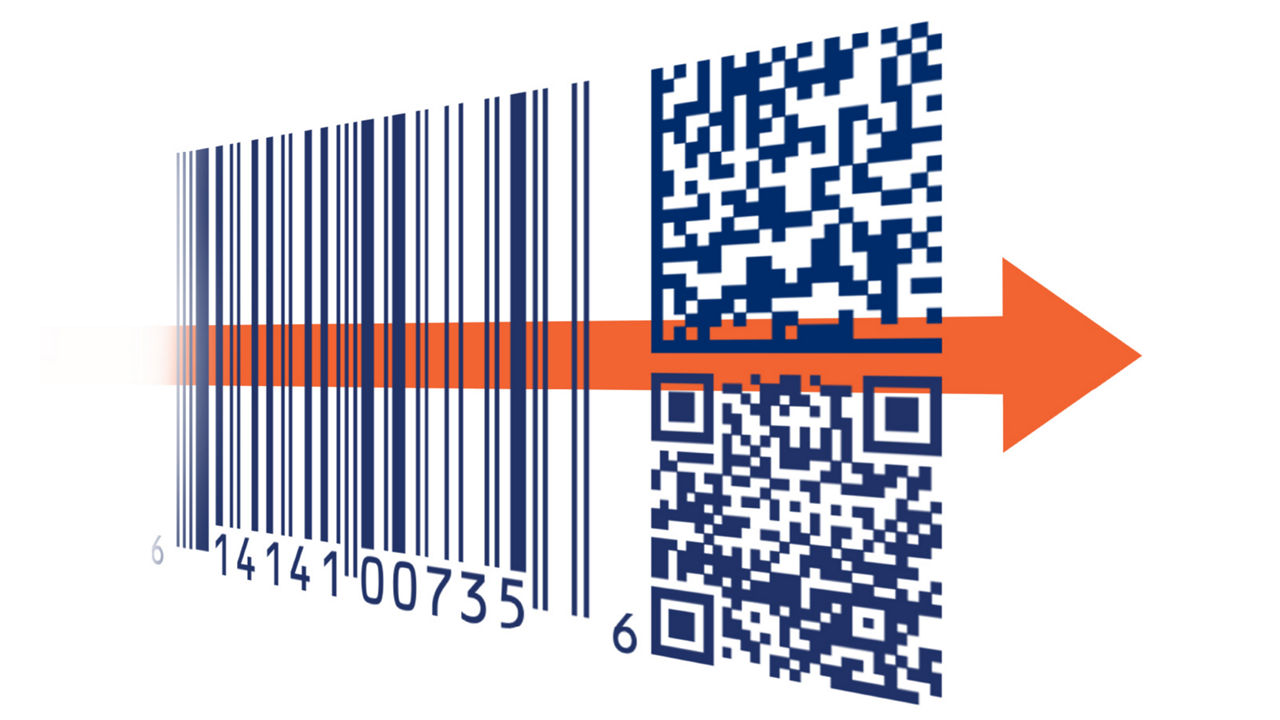 1D barcode with an arrow pointing to a 2d barcode
