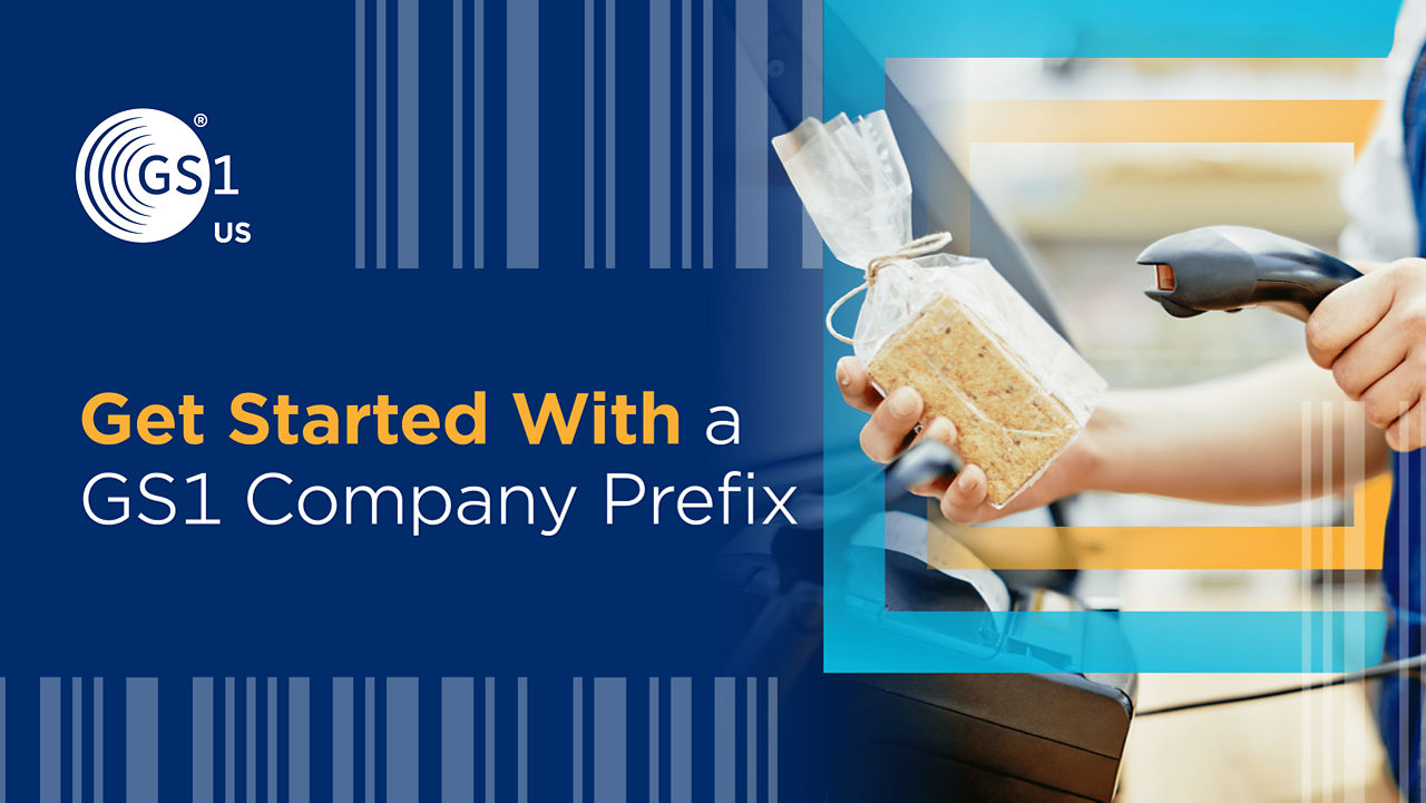 image with GS1 US logo and get started with a GS1 company prefix, photo of hand scanning product at checkout