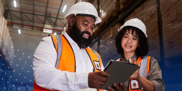 warehouse workers looking at a tablet