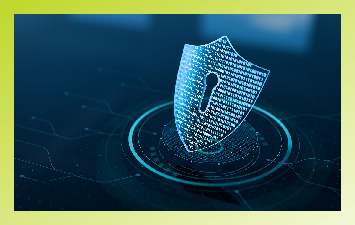 image of shield with lock made out of data surrounded by circuit pattern