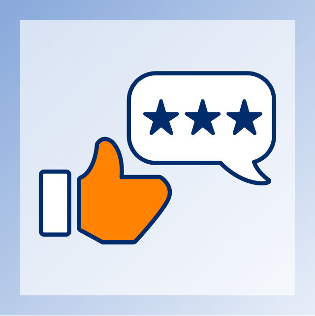 Graphic of a thumbs-up gesture next to a speech bubble containing a 3-star rating