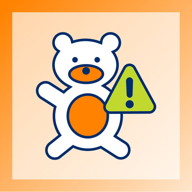 Graphic of a toy teddy bear overlaid with a warning symbol