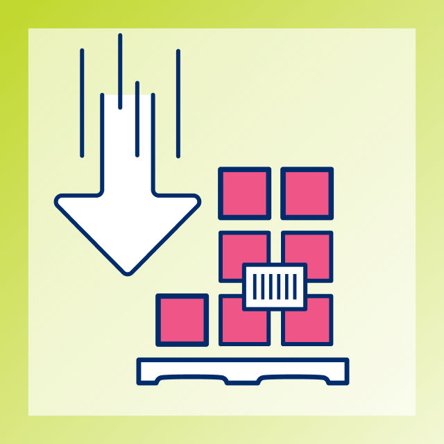 Icon of down arrow and pallet to represent imports 