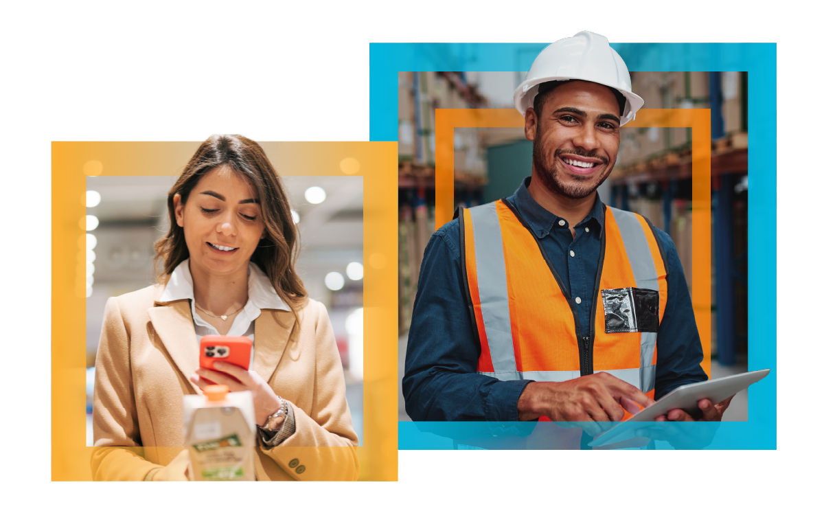 Image collage of two people. One person is scanning a product with their phone. Another person is smiling and holding a clipboard.