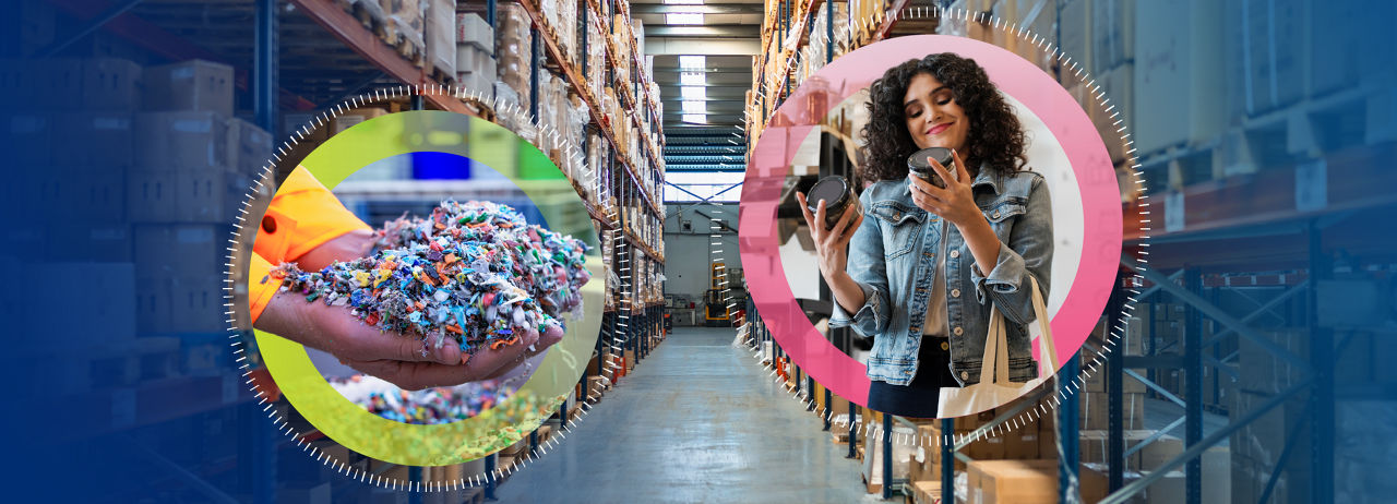 collage image of warehouse with recycling and business owner photos overlayed