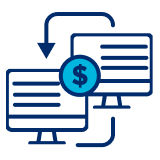 Icon of two computers with dollar sign and refresh symbol implying electronic transfer