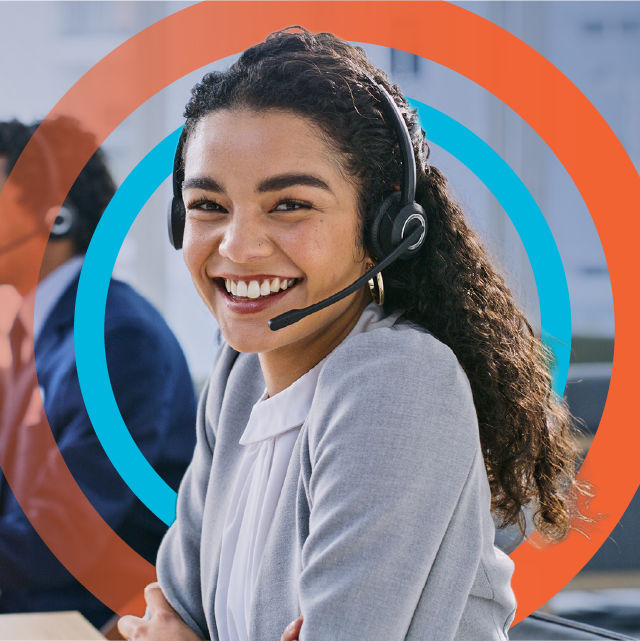photo of help center worker with headset on smiling