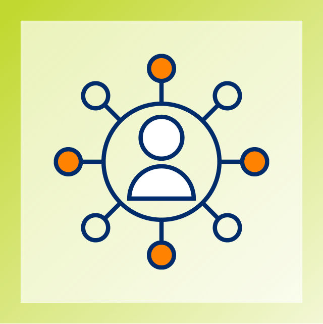 Graphic of a person symbol inside a circle connected to eight other circles
