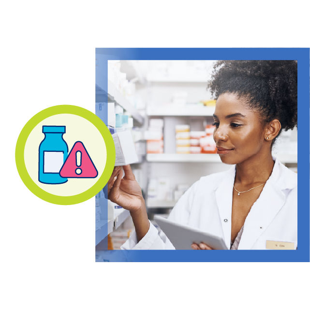 pharmacist checking product, medication and caution icon