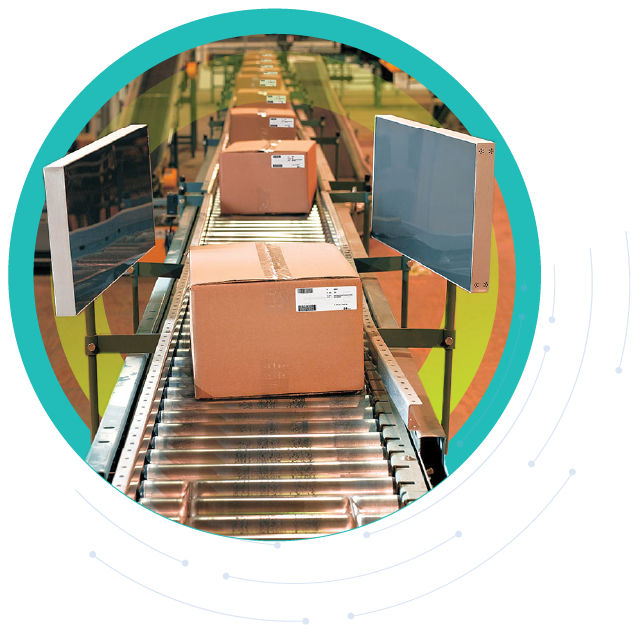 Packages on a conveyor belt being scanned by readers