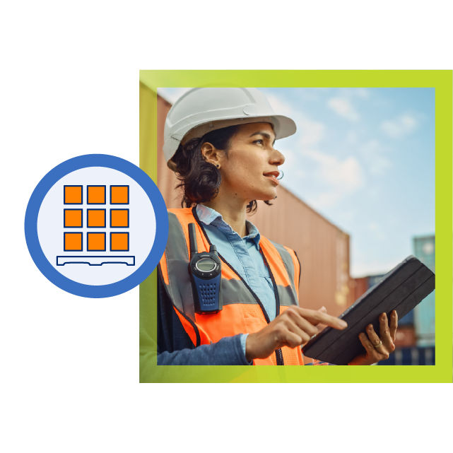 warehouse manager around shipping crates with tablet, shipping crate icon