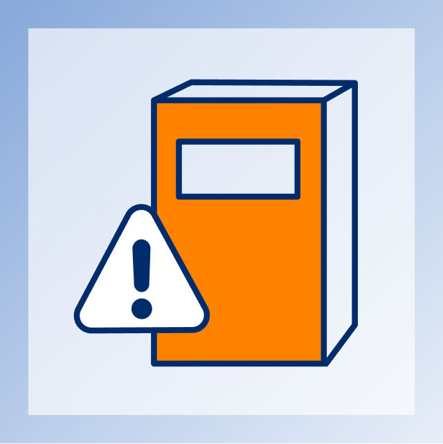 Graphic of a boxed product with a warning symbol