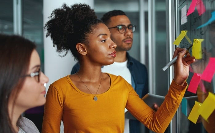 Woman in orange shirt working at GS1 US makes comments on multicolored sticky notes with a group of diverse coworkers